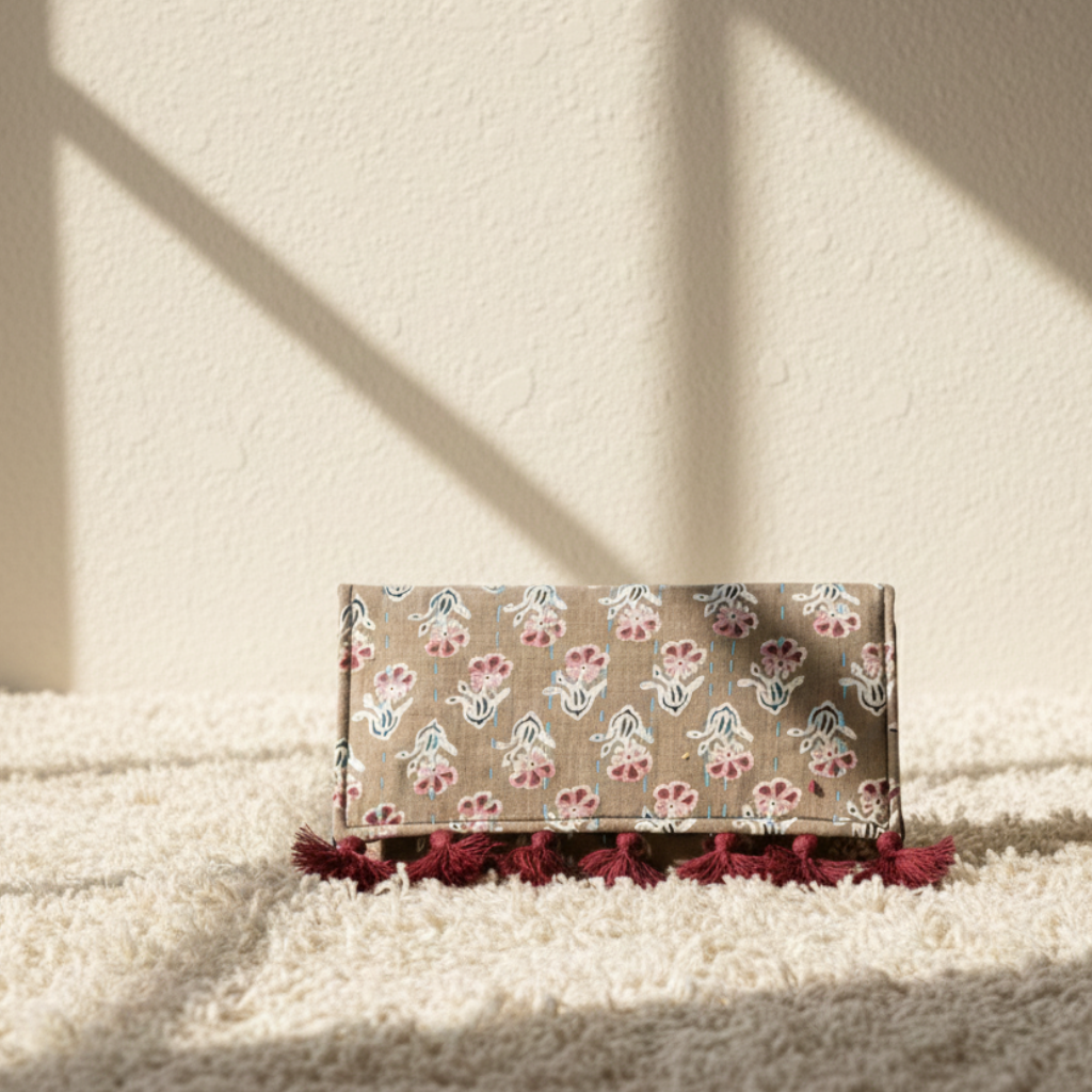 beige floral printed bag on a light background