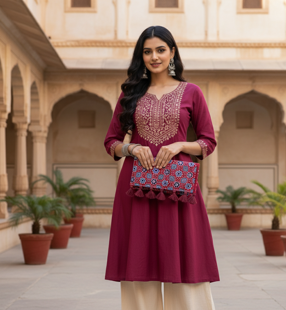 Woman in a maroon embroidered dress holding a colorful clutch in front of an architectural background