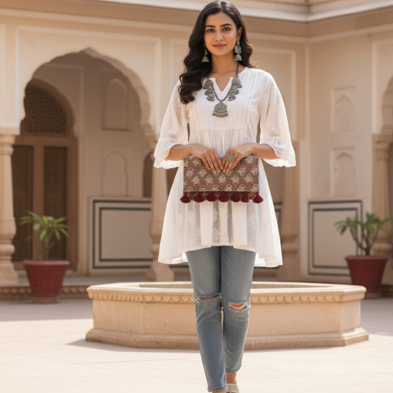 Woman holding a patterned clutch in an ornate architectural setting