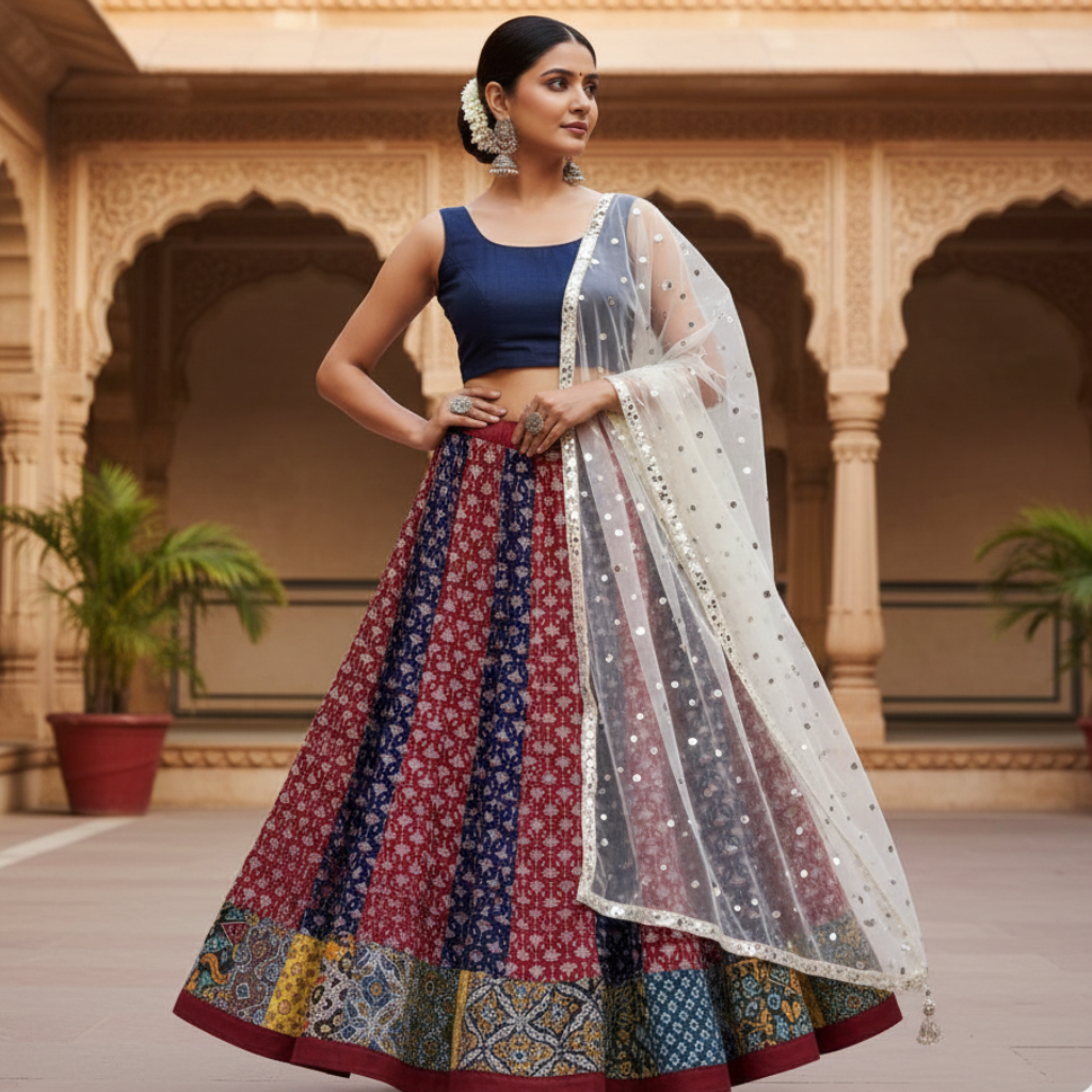 Woman in traditional outfit standing in a decorative outdoor setting