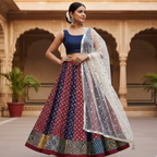 Woman in traditional outfit standing in a decorative outdoor setting