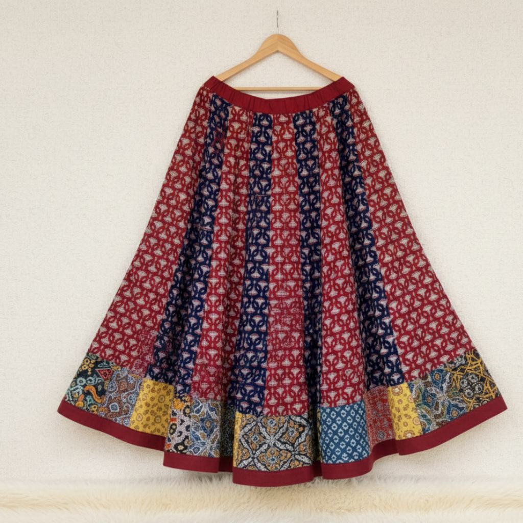 Woman in a colorful traditional outfit holding a patterned bag in an architectural setting.