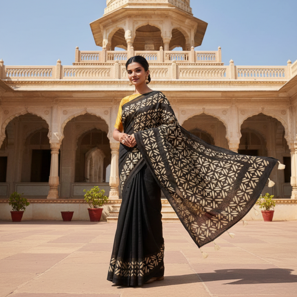 Applique Elegance Chanderi Saree with Handcrafted Detailing