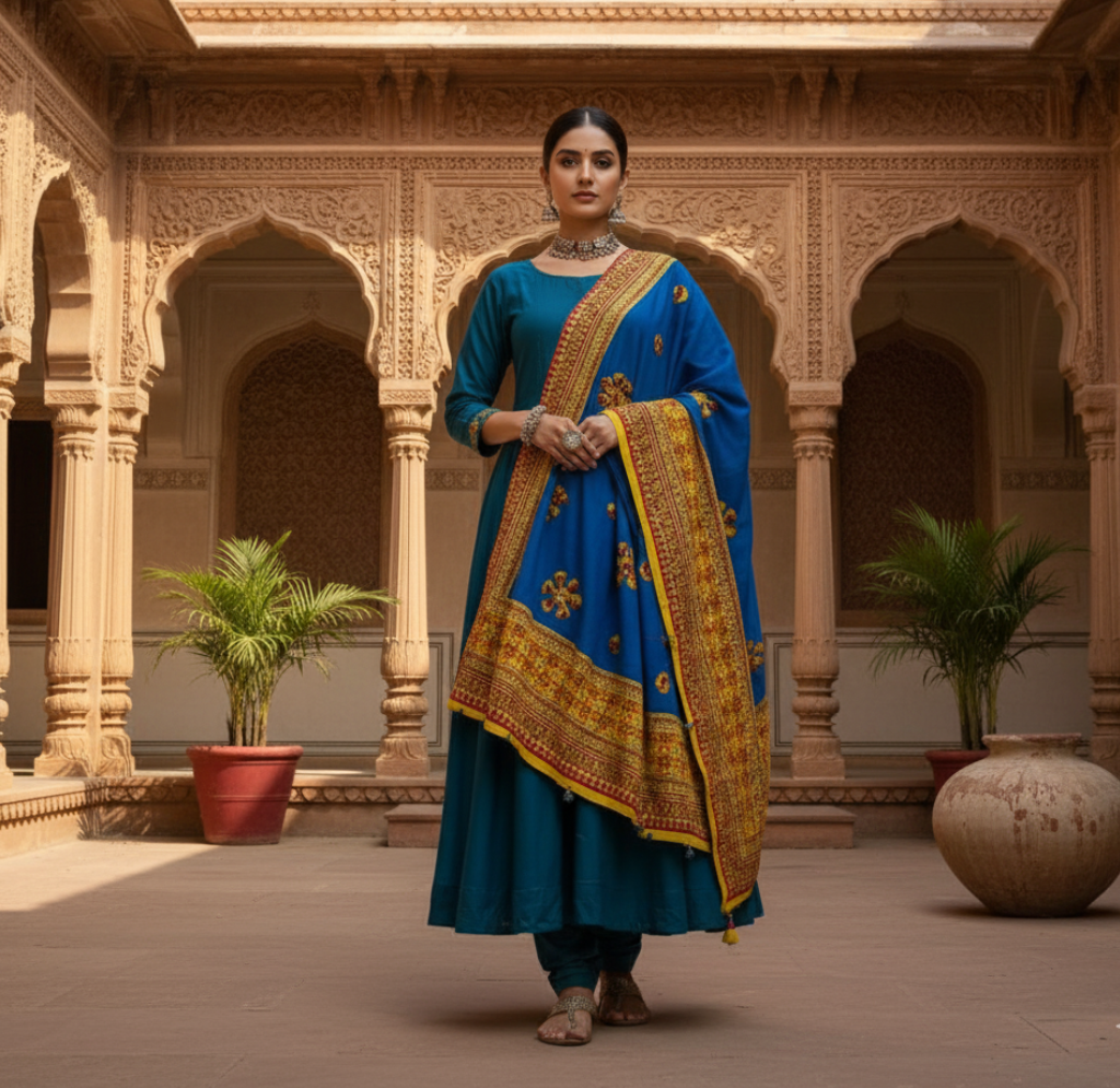 Woman in a traditional outfit standing in an ornate architectural setting.
