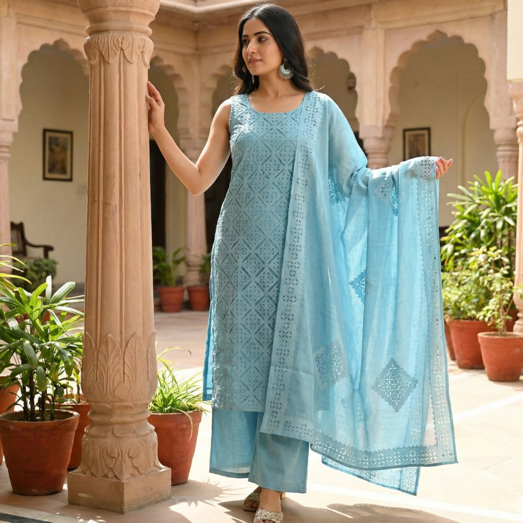 Woman in a light blue applique traditional outfit standing in a decorative outdoor setting with plants and architectural elements.