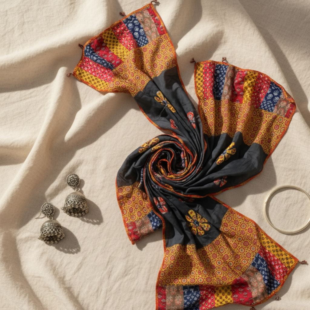 Colorful patterned scarf with jewelry on a beige fabric background