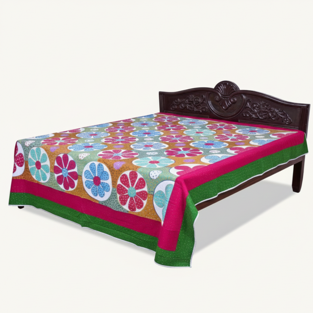 Bed with a colorful floral-patterned bedspread on a white background