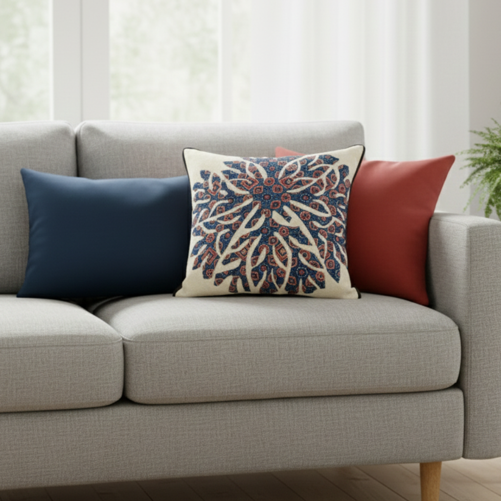 Gray sofa with decorative pillows in blue, red, and patterned design.