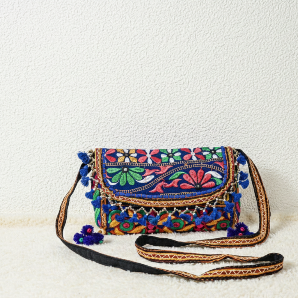 Colorful embroidered handbag with tassels on a white background