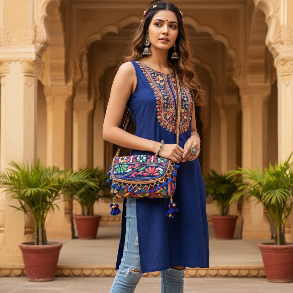 Woman holding a colorful embroidered handbag in front of an architectural background