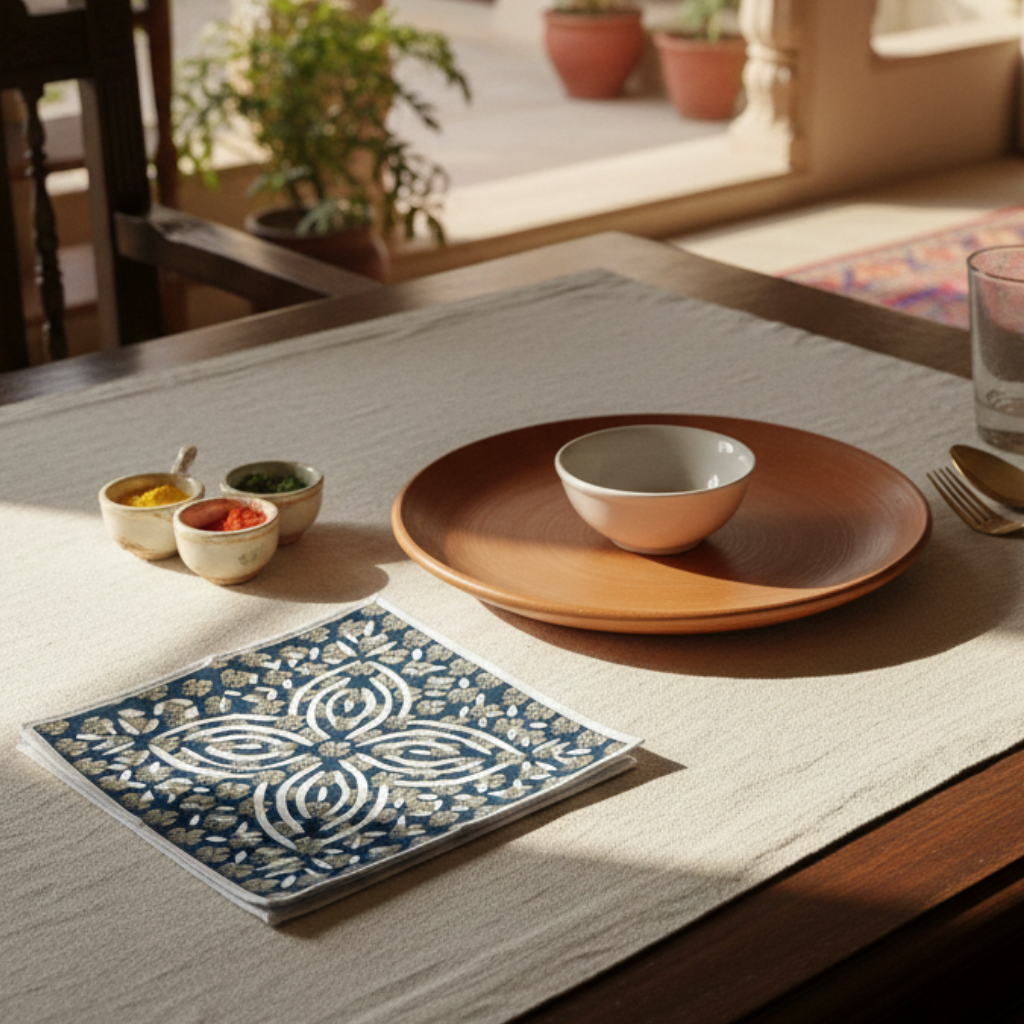 Dining table setting with plates, bowls, and a decorative napkin on a textured surface.