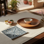 Dining table setting with plates, bowls, and a decorative napkin on a textured surface.