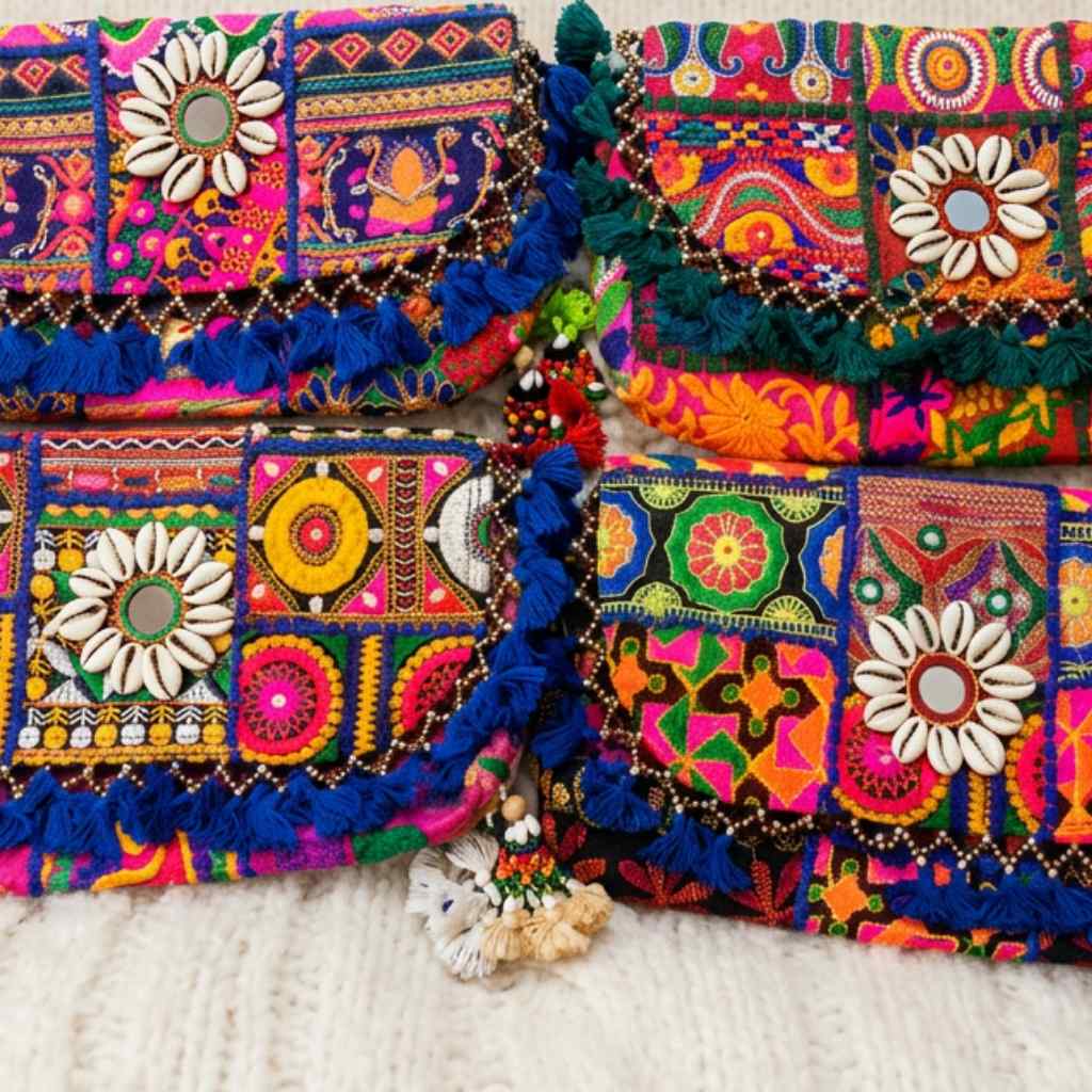 Colorful embroidered bags with floral and geometric patterns on a white surface