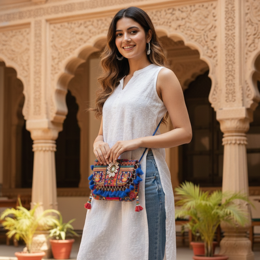 woman in white kurti and jeans carrying a blue boho sling bag