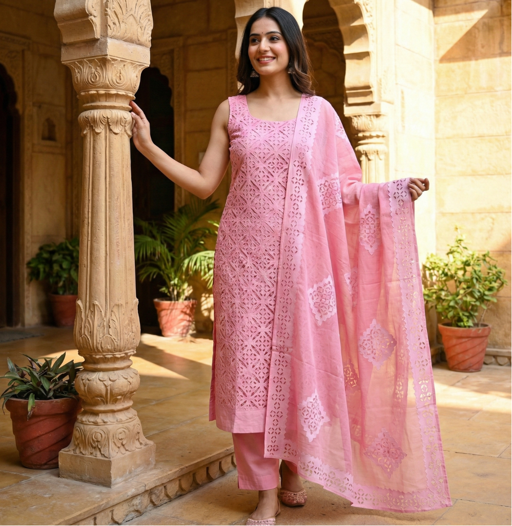 Woman in a pink traditional outfit standing in an architectural setting with plants.