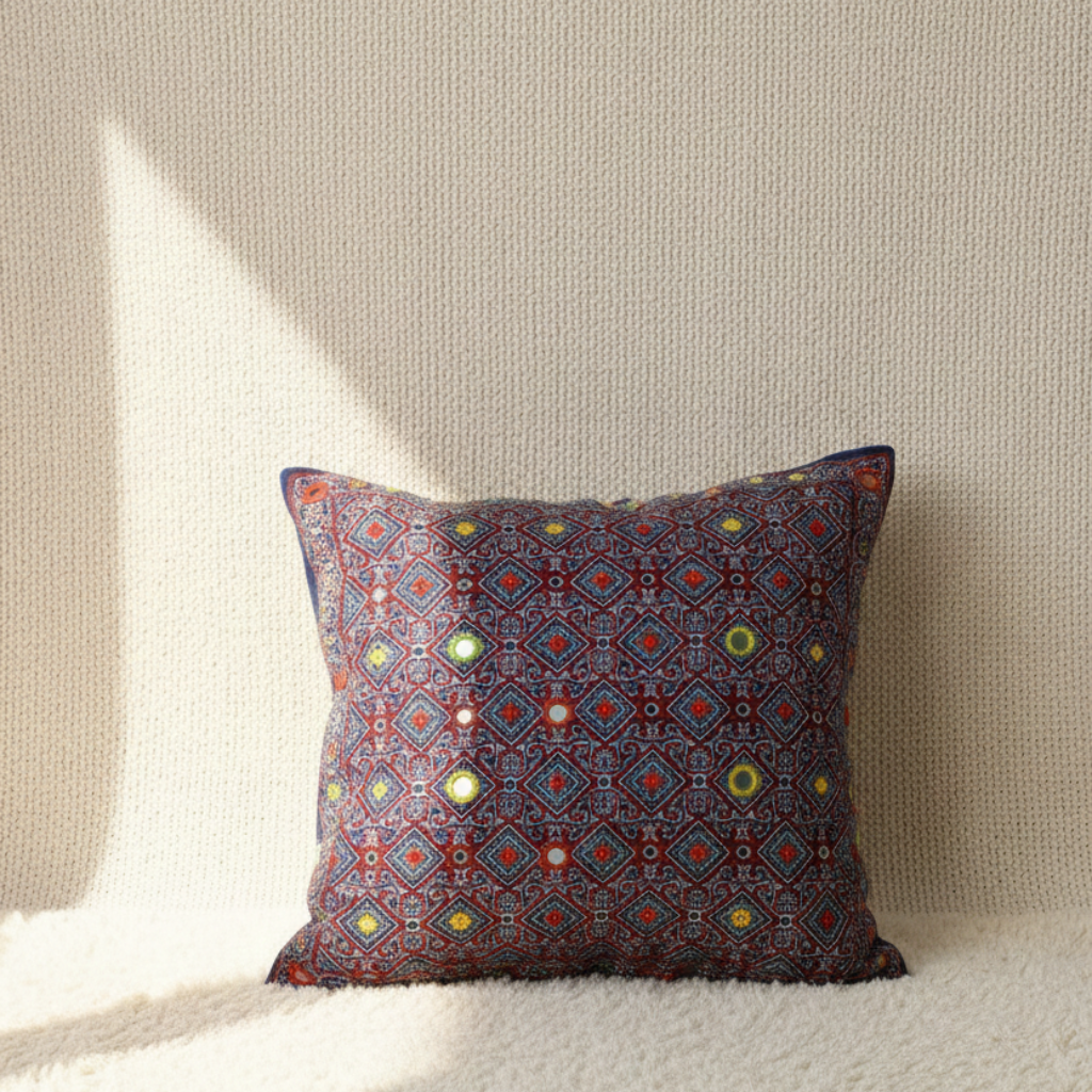 Decorative blue embroidered cushion cover with geometric pattern on a neutral background