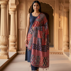 woman in a blue kurta set wearing a colorful arakh patchwork dupatta