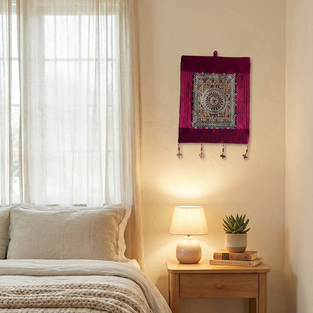 Bedroom with a bed, nightstand, lamp, and wall art.