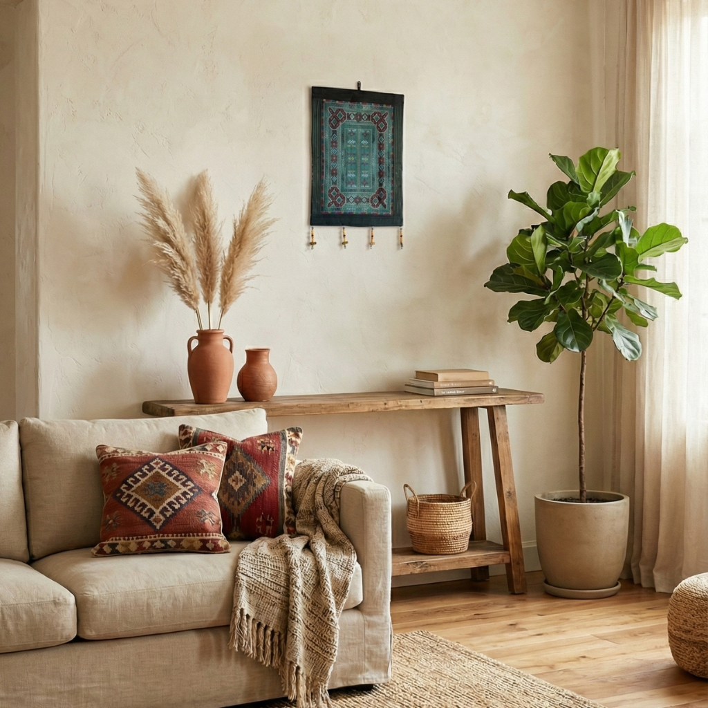 Cozy living room with beige sofa, decorative pillows, and a small wooden table with plants.
