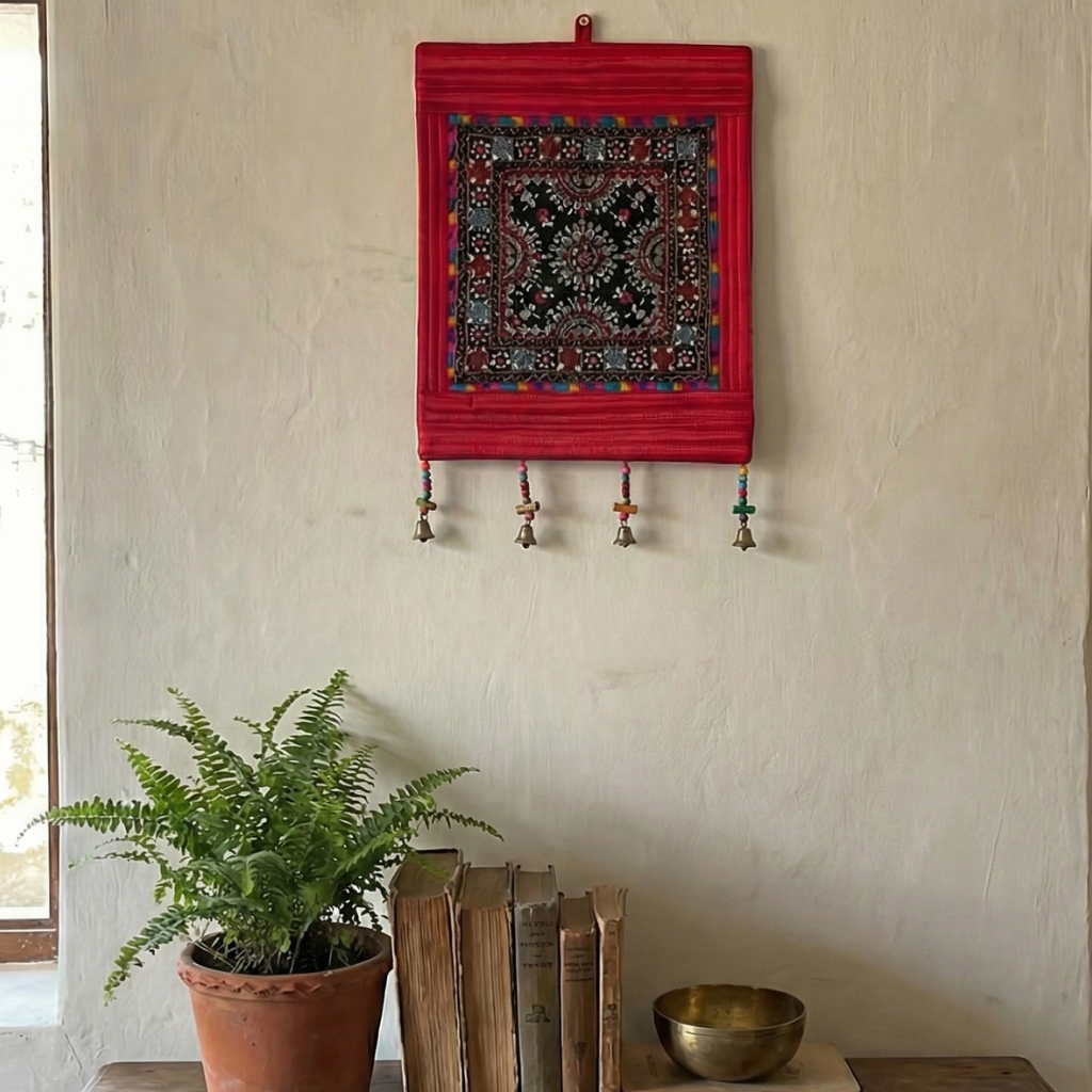 Decorative wall hanging with intricate patterns on a plain wall, with books and a plant in the foreground.
