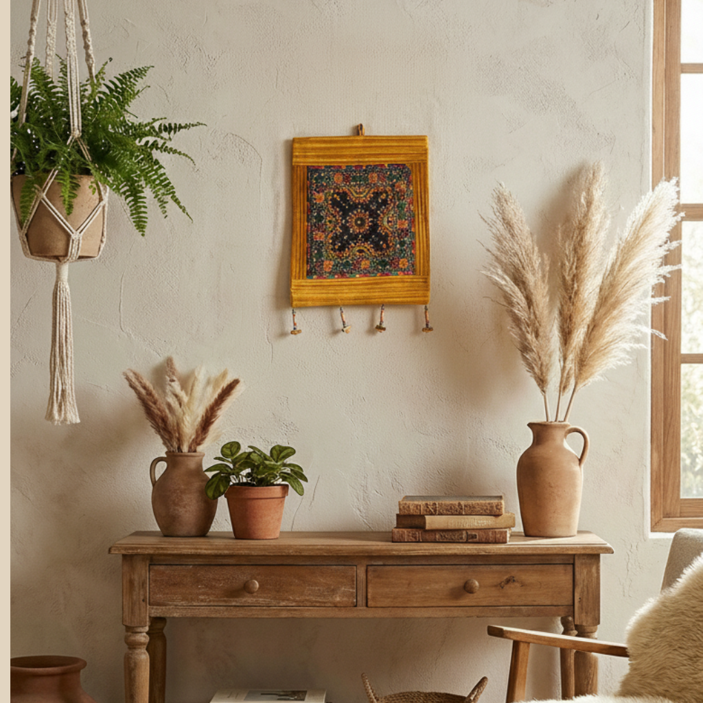 Nest living room with wooden console table, potted plants, and wall art.