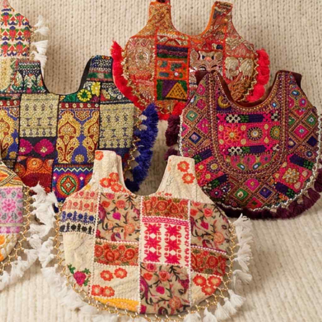 Colorful embroidered bags on a textured surface
