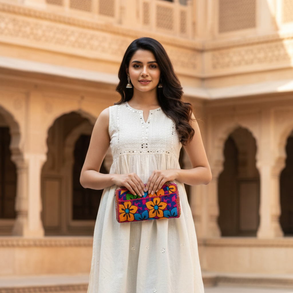 Woman in a white dress holding a colorful clutch in front of an architectural background