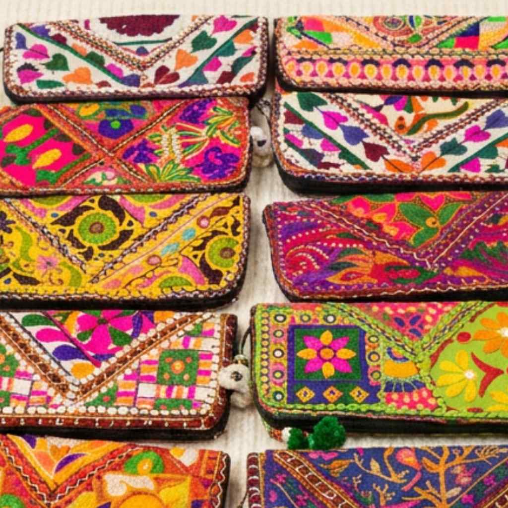 Collection of colorful embroidered handbags with intricate patterns.