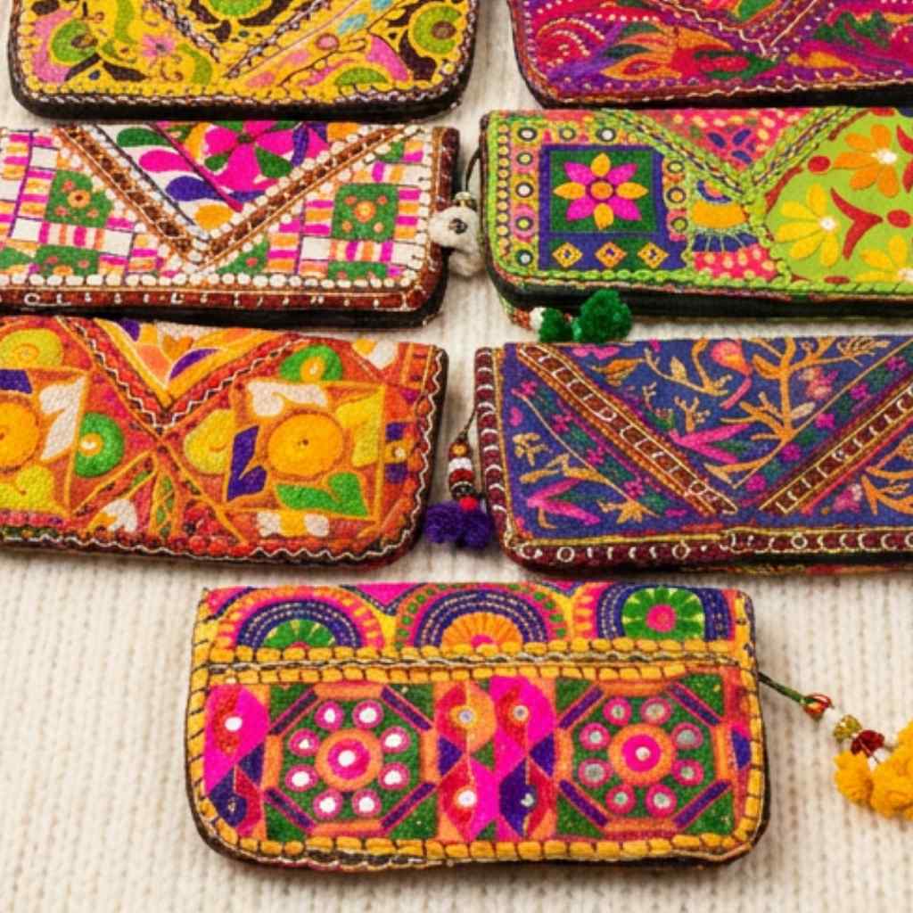 Collection of colorful embroidered handbags on a textured surface