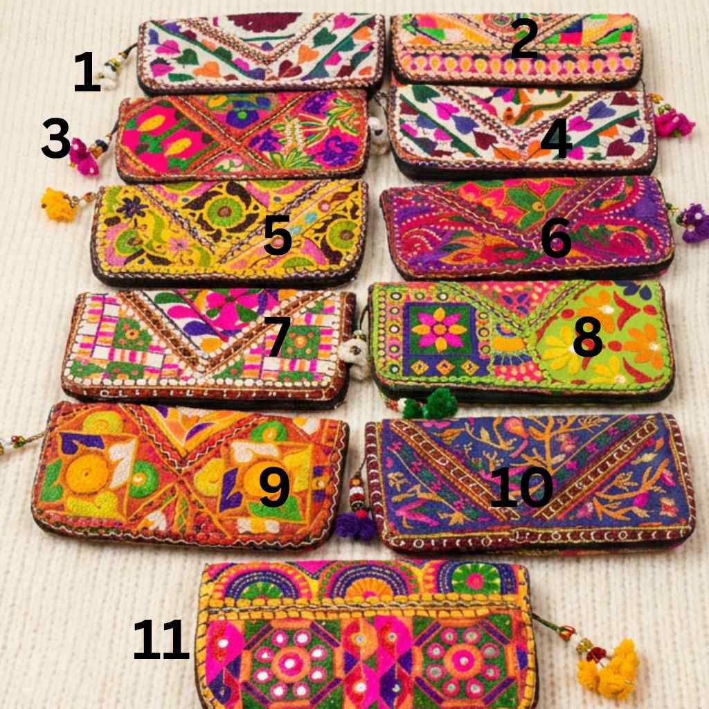 Collection of colorful embroidered clutch with numbers on a light background