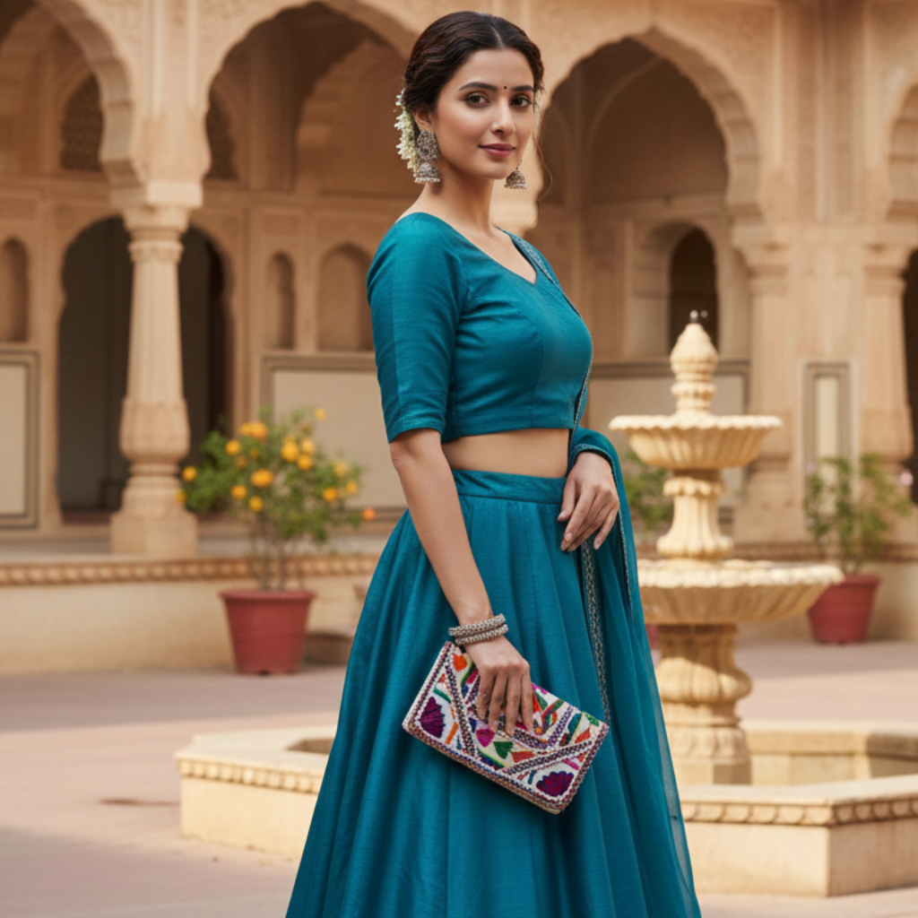 Woman in a teal traditional outfit holding a colorful clutch in an architectural setting