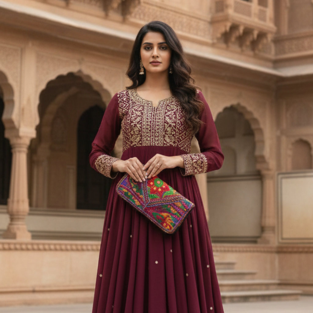 Woman in a maroon traditional outfit with intricate patterns, holding a colorful clutch, standing in front of architectural background.