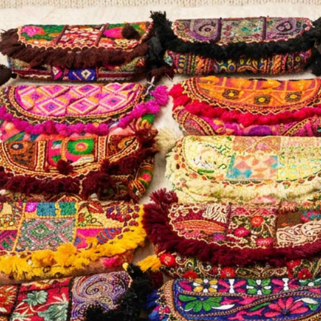 Colorful embroidered bags with intricate patterns on a white background