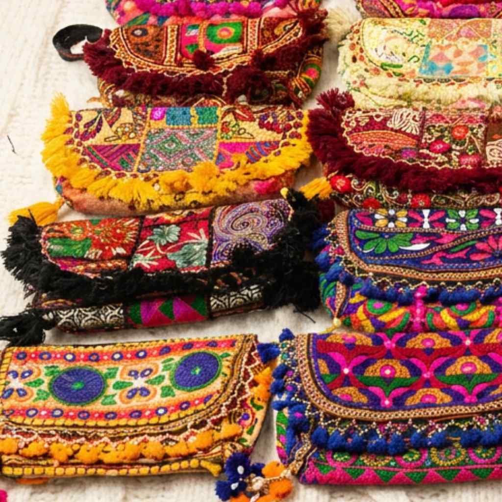 Colorful embroidered handbags with intricate patterns and tassels on a light background