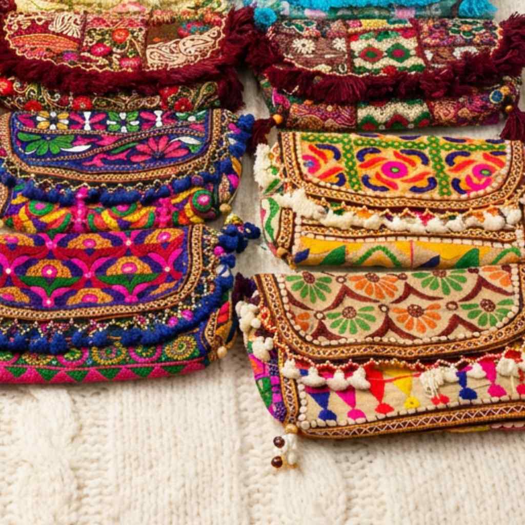 Colorful embroidered bags on a textured surface