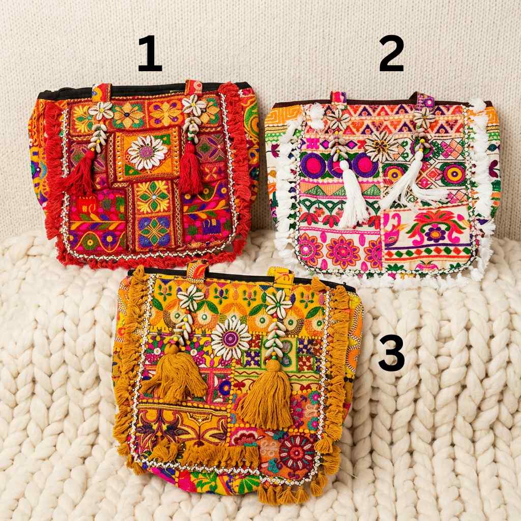 Boho Embroidered Tote Bag with Tassels