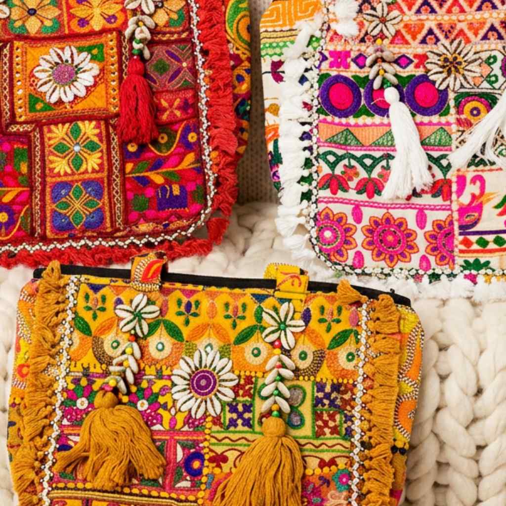 Colorful embroidered handbags with tassels on a textured surface