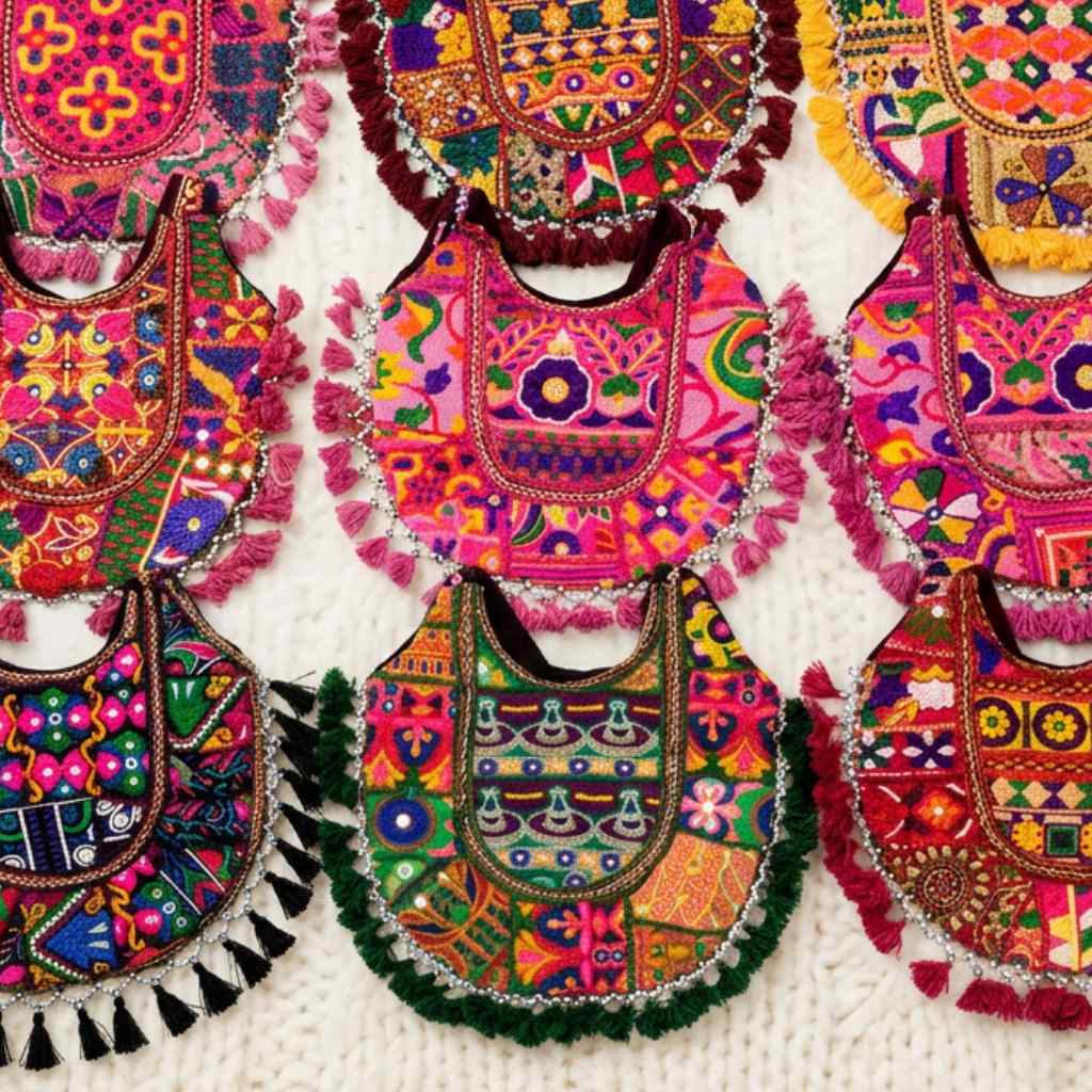 Colorful embroidered bags with tassels on a textured surface