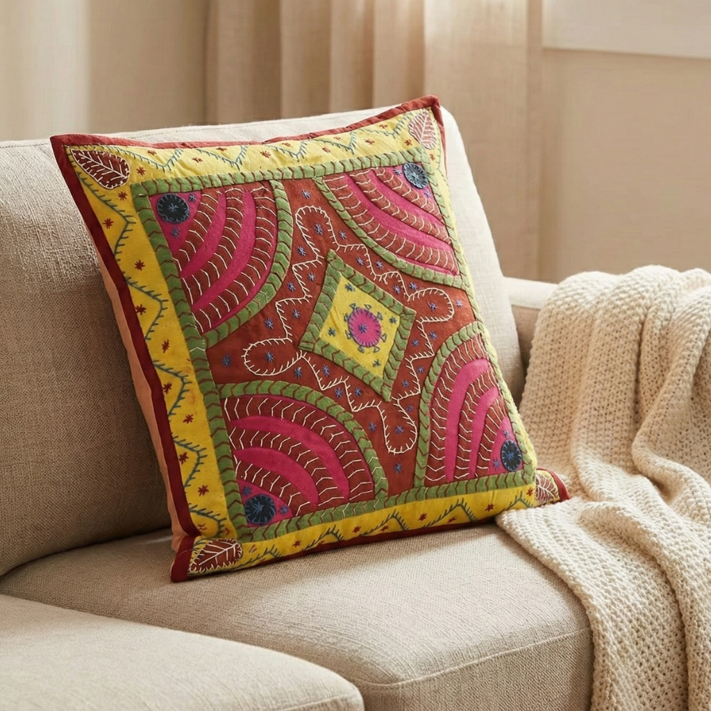 Decorative cushion with colorful patterns on a beige couch.