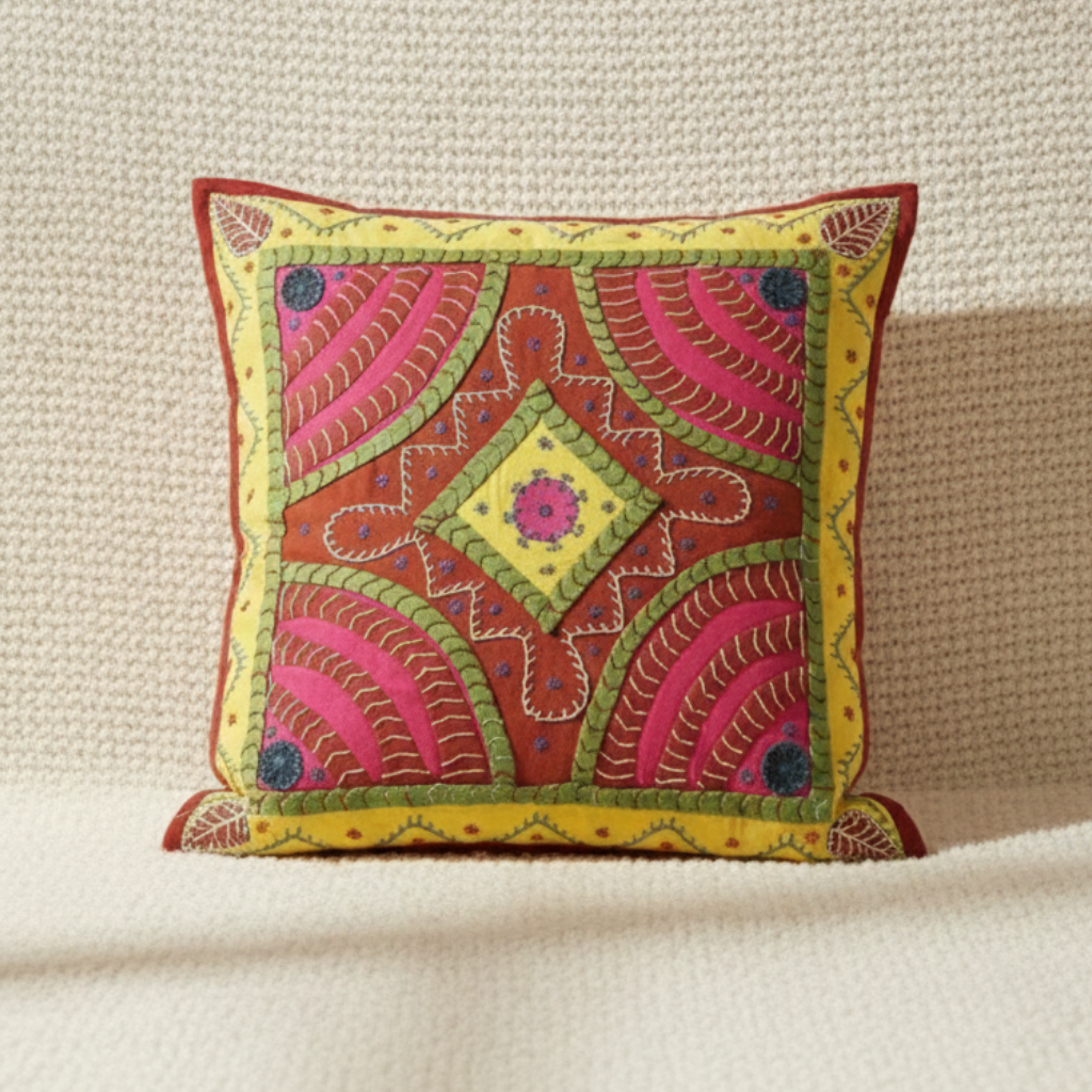 Decorative pillow with colorful paisley pattern on a beige background
