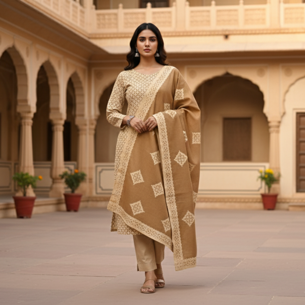 Woman in a traditional applique suit set standing in an architectural courtyard.