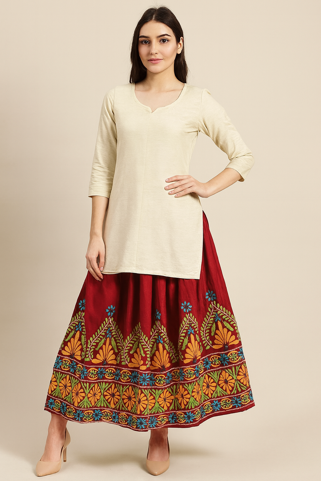 Crimson Mosaic Embroidered Skirt
