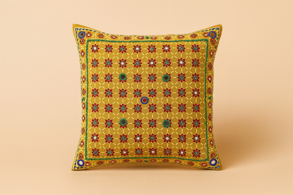 Mustard Yellow Hand Embroidered Floral Cushion Cover