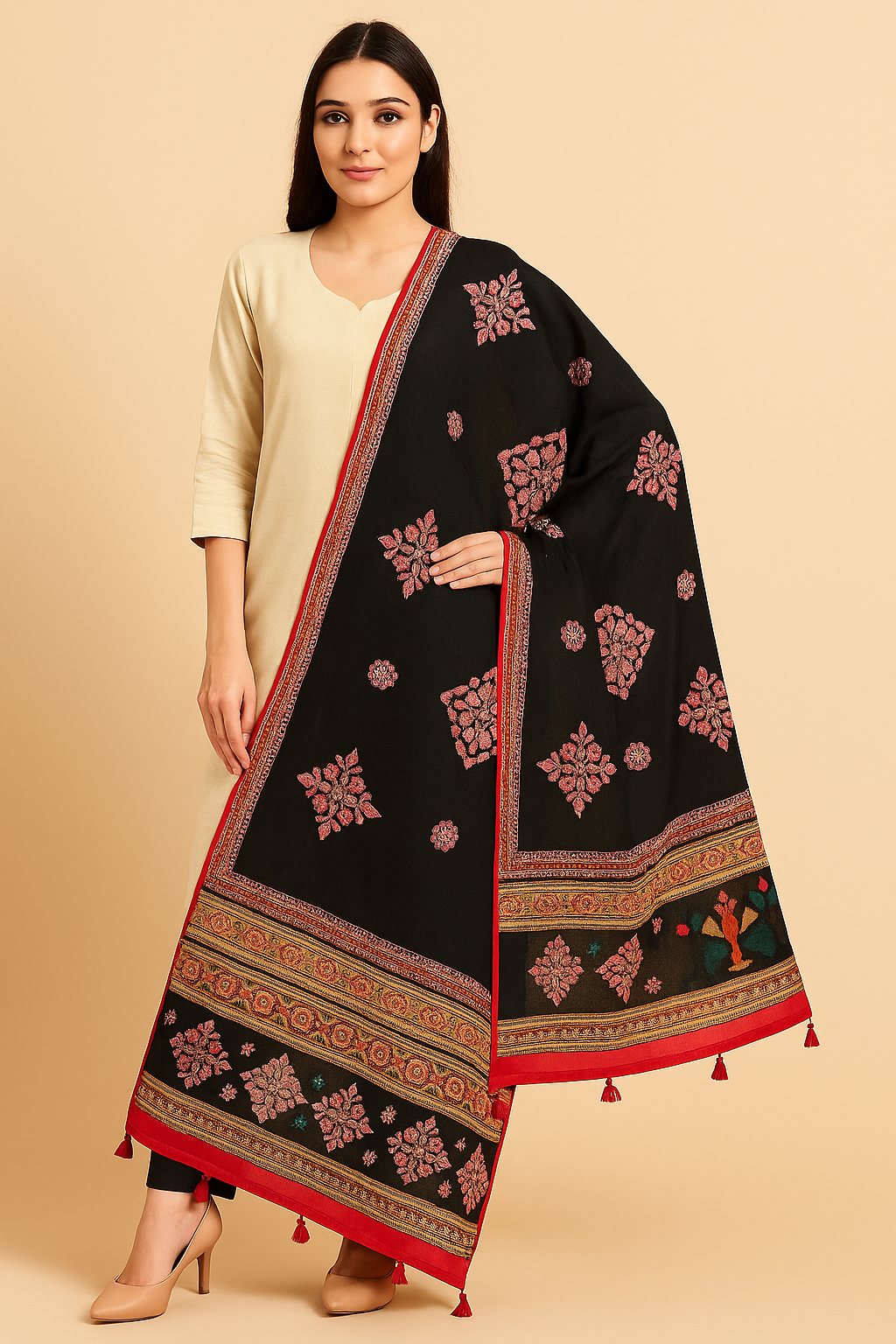 Vintage Paisley Embroidered Black Dupatta
