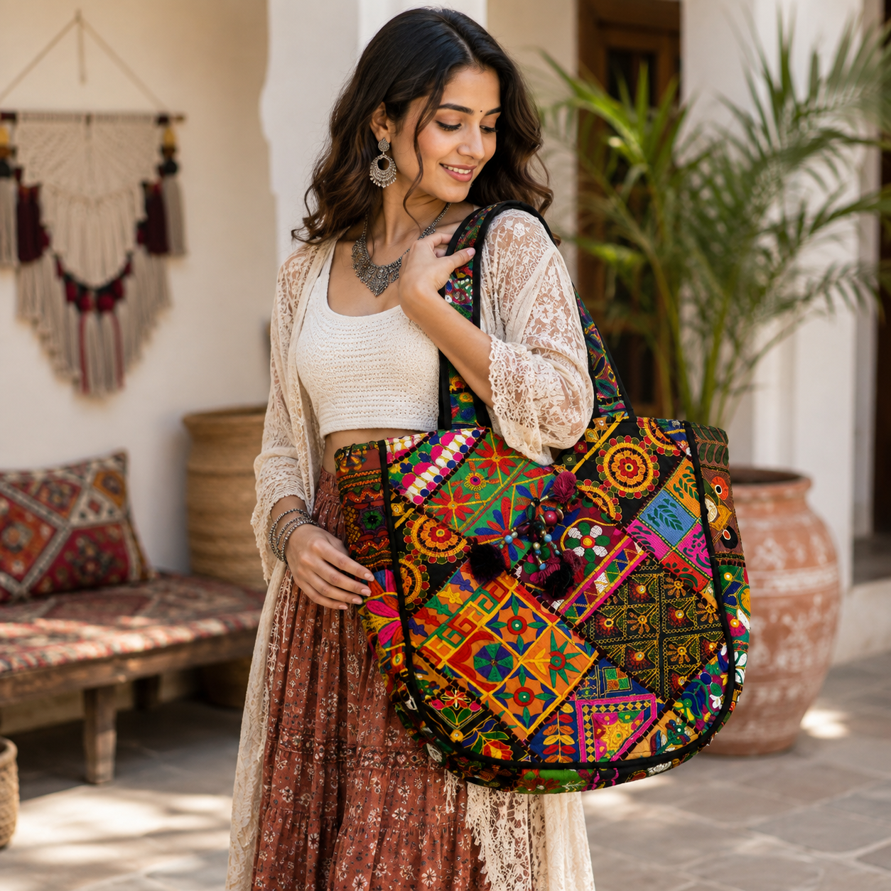 Colorful Bliss Cotton Bag with Detailed Embroidery Work