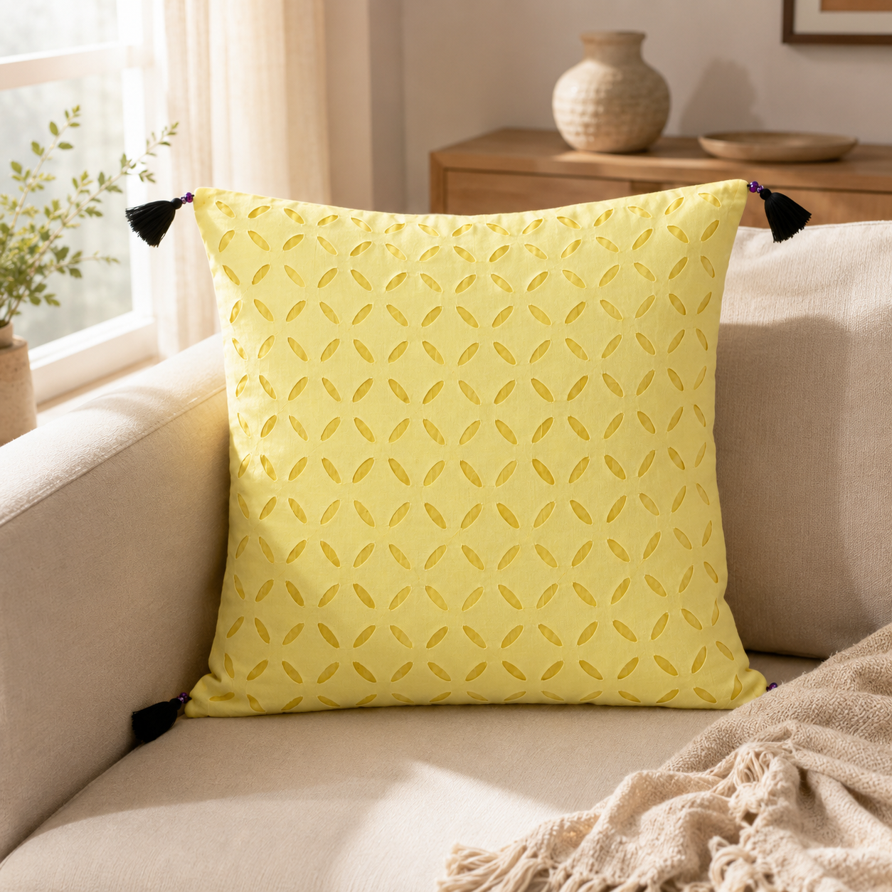 Intricate Applique Cutwork Cushion Cover