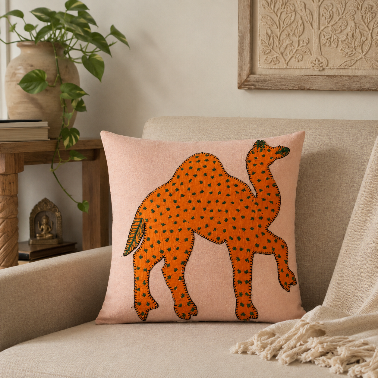 Traditional Indian Camel Applique Cushion Cover