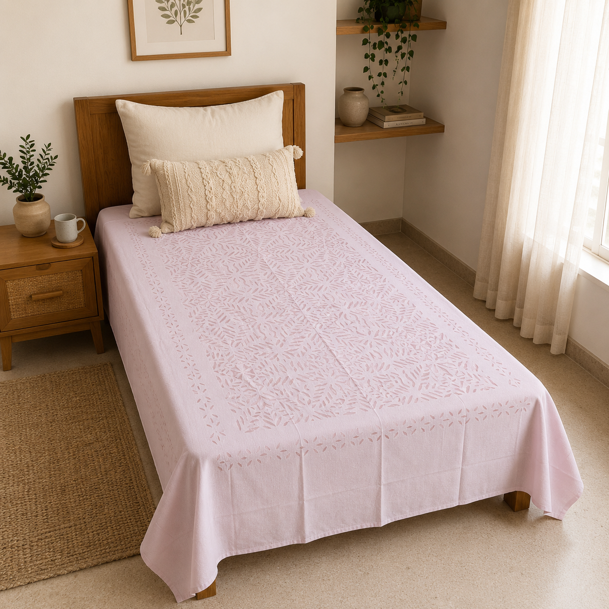 Beautifully Detailed Applique Single Bedsheet