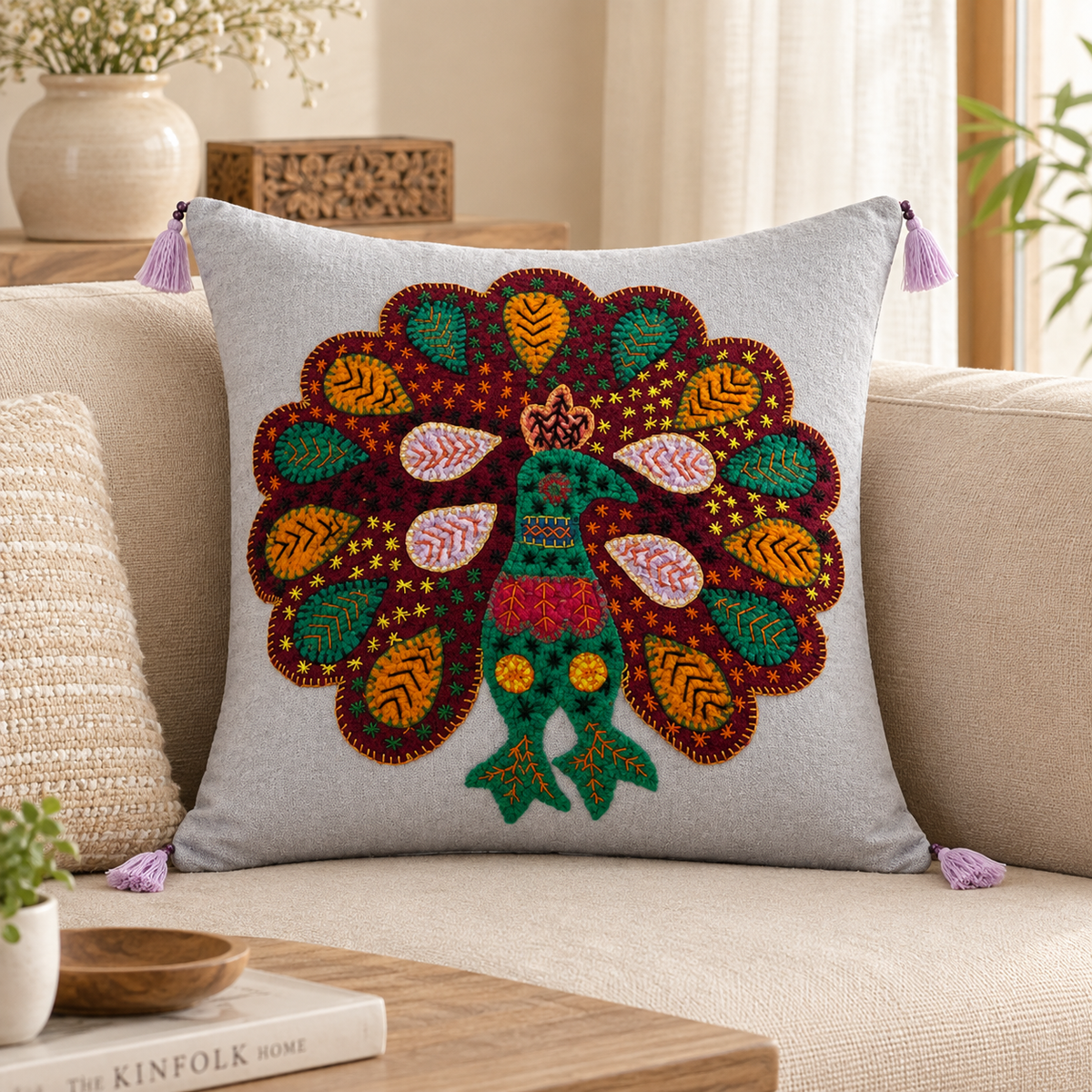 Peacock Applique Cushion Cover for Sofa or Bed Throw