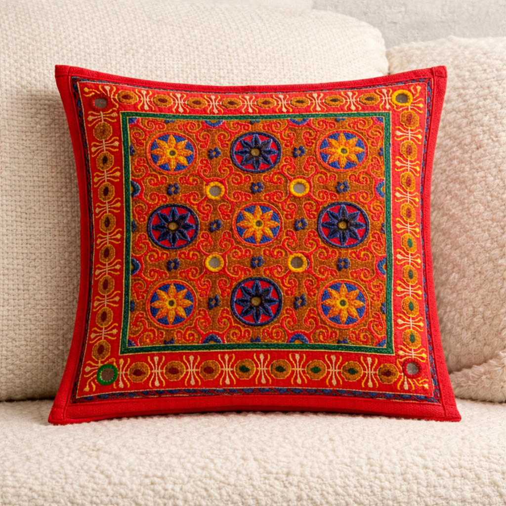 Red Bloom Embroidered Boho Cushion Cover